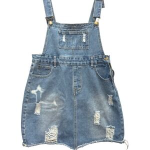 Distressed Denim Overall Skirt Women Size L Blue Jean Mini Streetwear Grunge Y2K